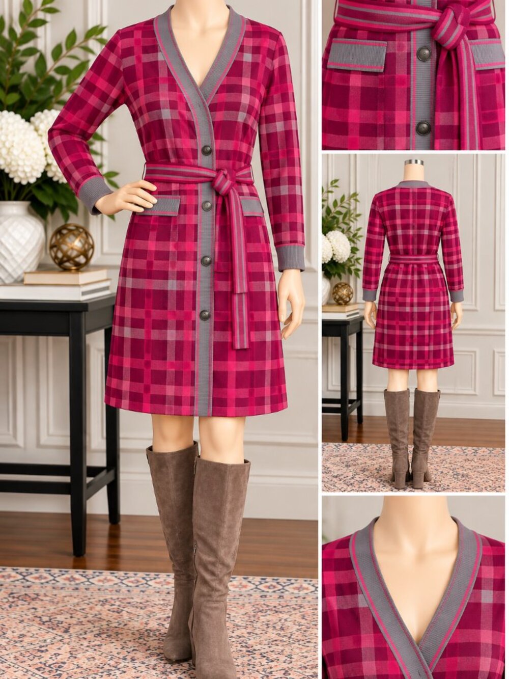 💗 New York & Company Raspberry Plaid Sweater Dress – Never Worn